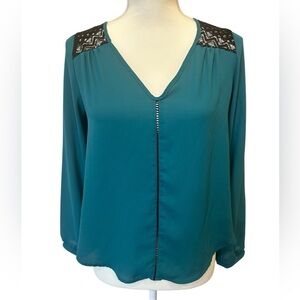 Lush Teal Lace Shoulder Long Sleeve Blouse Size Small